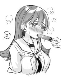1girl blush breasts food greyscale kantai_collection large_breasts long_hair monochrome nanahamu neckerchief ooi_(kancolle) open_mouth popsicle sailor_collar school_uniform serafuku sexually_suggestive simple_background solo upper_body white_background rating:Questionable score:12 user:danbooru
