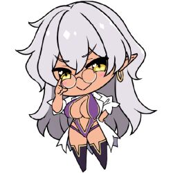  1girl bad_id bad_source blush boots breasts chibi chibi_only closed_mouth dark-skinned_female dark_elf dark_skin derauea earrings elf grey_hair hand_on_own_hip heart heart_in_eye hoop_earrings jewelry lab_coat large_breasts leotard long_hair long_pointy_ears looking_at_viewer mature_female messy_hair milk_factory motto!_haramase!_honoo_no_oppai_isekai_oppai_maid_gakuen! official_art open_clothes open_leotard parthia_ramsey pointy_ears purple_leotard round_eyewear smile solo symbol_in_eye thigh_boots transparent_background yellow_eyes 