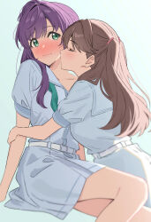  2girls absurdres blonde_hair blue_background blush breasts brown_hair closed_eyes closed_mouth collarbone dress feet_out_of_frame fujishima_megumi green_eyes green_neckerchief hair_bun hair_intakes hasu_no_sora_school_uniform highres imminent_kiss large_breasts link!_like!_love_live! long_hair love_live! masaki_(masakinariya) multiple_girls neckerchief nose_blush otomune_kozue partially_undressed pleated_dress profile purple_hair sailor_collar sailor_dress school_uniform short_dress side_ponytail sidelocks simple_background single_off_shoulder single_side_bun sitting summer_uniform two_side_up undone_neckerchief virtual_youtuber white_dress white_sailor_collar 