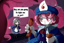  2girls bow hair_bow hat highres izayoi_sakuya mob_cap multiple_girls perfect_cherry_blossom rossi01 saigyouji_yuyuko short_hair toon_(style) touhou 