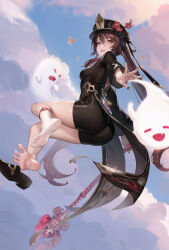 1girl absurdres ass barefoot black_shorts boo_tao_(genshin_impact) breasts brown_hair cameltoe chinese_clothes coattails feet floating from_below genshin_impact ghost hat hat_ornament highres hu_tao_(genshin_impact) le_(huanglongen) long_hair looking_at_viewer looking_down medium_breasts open_mouth red_eyes shoes short_shorts shorts sideboob single_shoe smile soles spread_toes staff_of_homa_(genshin_impact) toes twintails unworn_shoes very_long_hair weapon rating:Questionable score:72 user:armorcrystal