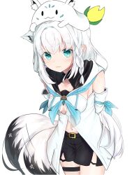  1girl absurdres animal_ears aqua_eyes belt black_shorts blue_neckerchief blush braid brooch cleavage_cutout closed_mouth clothing_cutout commentary_request cowboy_shot detached_sleeves fox_ears fox_girl fox_tail highres hololive hood hood_down hoodie jewelry looking_at_viewer motion_lines neckerchief shirakami_fubuki shirakami_fubuki_(1st_costume) shirt short_shorts shorts sidelocks solo soramaru sukonbu_(shirakami_fubuki) tail tail_wagging thigh_strap white_background white_hair white_shirt 