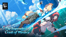  2girls alice_thymefield animal_ears black_gloves black_pantyhose black_skirt blonde_hair blue_sky breasts cardigan commentary dutch_angle english_commentary english_text fingerless_gloves fish gloves green_eyes hand_up highres in_water key_visual long_hair medium_breasts multiple_girls ocean official_art orange_eyes pantyhose pink_cardigan promotional_art red_hair shirt skirt sky sphere_hair_ornament ukinami_yuzuha underwater water waves wet white_shirt yellow_eyes zenless_zone_zero 