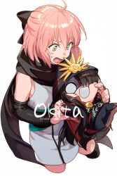  2girls ahoge arm_guards black_bow black_hair blonde_hair blush bow breasts chibi detached_sleeves echo_(circa) fate/grand_order fate_(series) hair_bow half_updo japanese_clothes kimono medium_breasts mini_nobu_(fate) multiple_girls obi oda_nobunaga_(fate) okita_souji_(fate) okita_souji_(koha-ace) open_mouth sash short_hair short_kimono sleeveless sleeveless_kimono white_kimono yellow_eyes 