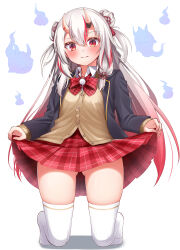  1girl absurdres alternate_costume black_jacket blazer blush bow bowtie breasts cardigan clothes_lift commentary_request double-parted_bangs double_bun dress_shirt full_body ghost gradient_hair hair_between_eyes hair_bun hair_ornament head_tilt highres hololive horns hoshino_reiji jacket kneeling lifting_own_clothes looking_at_viewer multicolored_hair nakiri_ayame no_shoes partially_unbuttoned plaid_bow plaid_bowtie plaid_clothes plaid_skirt pleated_skirt pom_pom_(clothes) raised_eyebrow red_bow red_bowtie red_eyes red_hair red_skirt shadow shirt skin-covered_horns skirt skirt_lift small_breasts solo streaked_hair tassel tassel_hair_ornament thighhighs two-tone_hair two_side_up white_background white_hair white_shirt white_thighhighs yellow_cardigan 