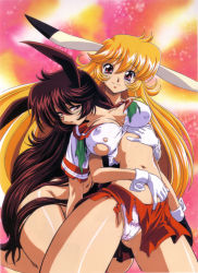  00s 1990s_(style) 2girls absurdres animal_ears blonde_hair breasts brown_hair cameltoe covered_erect_nipples dual_persona gloves highres inaba_mikami kimura_takahiro large_breasts long_hair midriff mimika multiple_girls navel no_bra no_panties nude official_art panties rabbit_ears red_eyes retro_artstyle school_uniform serafuku sexually_suggestive skirt sweat tears topless_female torn_clothes underwear usagi-chan_de_cue very_long_hair  rating:Questionable score:56 user:danbooru