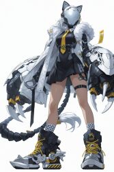  animal_ear_headphones animal_ears black_shirt black_skirt cat_ear_headphones fake_animal_ears headphones highres jacket mask mask_on_head mechanical_hands necktie okomechan991 original shirt simple_background skirt thigh_strap thighs white_background white_jacket yellow_necktie 