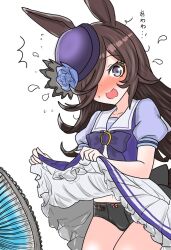  1girl @_@ animal_ears black_hair blush collarbone commentary_request electric_fan flower hair_flower hair_ornament hair_over_one_eye highres horse_ears horse_girl horse_tail looking_at_viewer miyabi1221 panties ribbon rice_shower_(umamusume) school_uniform simple_background solo sweat tail tracen_school_uniform umamusume underwear white_background 