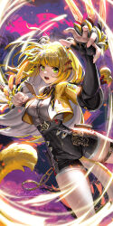  1girl animal_ears black_hair breasts claw_pose collared_shirt commentary elbow_gloves fang gloves green_eyes grey_shirt high-waist_shorts highres ju_fufu liang_xing looking_at_viewer medium_breasts mixed-language_commentary multicolored_hair open_mouth orange_hair scar scar_on_face shirt shorts signature solo streaked_hair striped_fur tail tiger_ears tiger_stripes tiger_tail white_hair zenless_zone_zero 