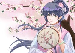  1girl absurdres blue_hair bracelet cherry_blossoms chinese_clothes choujikuu_yousai_macross earrings flower green_eyes hair_behind_ear hair_flower hair_ornament hand_fan highres holding holding_fan jewelry looking_at_viewer lynn_minmay macross macross:_do_you_remember_love? nekkikamille parted_lips pink_flower pink_lips smile solo upper_body 