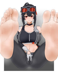  1girl absurdres ahoge akira8732587 bad_tag barefoot black_background black_choker black_gloves black_hair black_pants black_tank_top border breasts cameltoe choker cleavage closed_mouth collarbone crop_top elbow_gloves facing_viewer feet foot_focus gloves goggles goggles_on_head grace_howard grey_background hair_between_eyes highres large_breasts long_hair looking_at_viewer navel outside_border pants red_eyes sitting smell smile soles solo spread_pussy spreading_own_pussy tank_top tight_clothes tight_pants toes v white_background white_border zenless_zone_zero 
