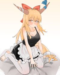  1girl absurdres alternate_costume apron black_skirt black_tank_top blonde_hair blush bow breasts brown_horns cleavage closed_mouth commentary_request enmaided frilled_apron frills full_body hair_bow highres horn_bow horn_ornament horns ibuki_suika kakuburi_marurin_arare long_hair looking_at_viewer low-tied_long_hair maid medium_breasts sidelocks skirt smile solo stirrup_legwear tank_top thighhighs toeless_legwear touhou very_long_hair waist_apron white_apron white_thighhighs yellow_eyes 