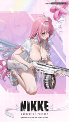  1girl balloon bikini breasts cleavage closed_mouth dorothy_(nikke) dorothy_(serendipity)_(nikke) dress dress_swimsuit fake_wings goddess_of_victory:_nikke gun hair_bun highres holding holding_gun holding_weapon inflatable_wings large_breasts long_hair official_art pink_hair purple_eyes sandals shotgun single_hair_bun solo squatting swimsuit weapon white_bikini white_dress white_sandals wings 
