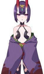  1girl absurdres bare_shoulders blood blood_on_hands breasts collarbone eyeliner fate/grand_order fate_(series) headpiece highres horns izanaware_game japanese_clothes kimono long_sleeves looking_at_viewer makeup off_shoulder oni purple_eyes purple_hair purple_kimono revealing_clothes short_eyebrows short_hair shuten_douji_(fate) skin-covered_horns small_breasts solo thick_eyebrows wide_sleeves 