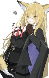  1girl absurdres animal_ears arknights belt belt_buckle black_belt black_jacket blonde_hair blush breast_press breasts breasts_squeezed_together brown_gloves buckle buttons commentary gloves hair_between_eyes half-closed_eyes highres jacket long_hair long_sleeves medium_breasts orange_eyes parted_lips simple_background sketch solo sound_effects taiiiyakiii tail vulpisfoglia_(arknights) white_background yellow_tail 