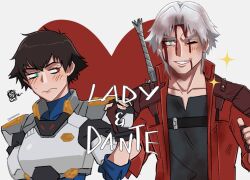  1boy 1girl armor artist_name black_hair black_shirt blood blood_on_face blue_eyes character_name coat dante_(devil_may_cry) devil_may_cry_(netflix) devil_may_cry_(series) fingerless_gloves gloves green_eyes heart heterochromia highres holding_hands jumpoon lady_(devil_may_cry) one_eye_closed red_coat red_eyes shirt sparkle sweatdrop white_hair 