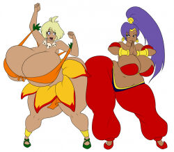  2girls ass-to-ass bare_shoulders blue_eyes breasts cleavage curvy dark-skinned_female dark_skin earrings female_focus flat_color flower_skirt full_body gigantic_breasts green_hair harem_outfit highres huge_breasts jewelry jungle_de_ikou long_hair looking_at_another marauder6272 mii_(jungle_de_ikou) multiple_girls navel necklace ponytail purple_hair shantae shantae_(series) short_hair skull_necklace thick_thighs thighs wide_hips 