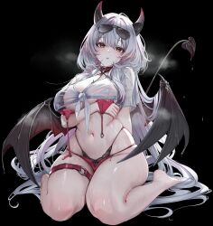  1girl absurdres arm_under_breasts bikini bikini_top_only black_bra black_panties bra breasts demon_horns demon_tail demon_wings eyewear_on_head grey_hair highleg highleg_panties highres horns large_breasts long_hair looking_at_viewer lrrer navel o-ring o-ring_thigh_strap original panties pointy_ears red_bikini see-through_clothes see-through_shirt shirt simple_background sitting solo steaming_body sunglasses sweat swimsuit tail thick_thighs thigh_strap thighs underwear untied_bikini_top very_long_hair wariza white_background white_shirt wide_hips wings 