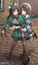  2girls :d absurdres animal_ear_fluff animal_ears aqua_eyes armband back_bow black_boots black_bow black_bowtie black_choker black_hair black_panties black_pantyhose black_shoes blue_jacket blue_shorts blurry blurry_background boots bow bowtie braid brown_hair capelet center_frills choker collared_shirt cropped_jacket cropped_shirt cross-laced_clothes cross-laced_sleeves fold-over_boots frills full_body green_capelet green_skirt grey_hat grey_shirt grey_thighhighs grin hair_flaps hair_ornament half_updo hat high-waist_skirt high_collar high_heel_boots high_heels highres hip_vent hololive hug hug_from_behind jacket lace lace-trimmed_panties lace_trim large_bow loafers long_hair long_sleeves looking_at_another multicolored_hair multiple_girls official_alternate_costume official_alternate_hairstyle ookami_mio ookami_mio_(8th_costume) oozora_subaru oozora_subaru_(work) open_mouth outdoors panties panty_peek pantyhose pinstripe_pattern pinstripe_shirt pleated_skirt red_hair revision sailor_hat shirt shirt_tucked_in shoes short_hair shorts side_braid skirt sleeve_cuffs smile standing standing_on_one_leg star_(symbol) star_hair_ornament streaked_hair suspenders swept_bangs thigh_strap thighhighs underwear virtual_youtuber wajuniorbox wolf_ears wolf_girl yellow_eyes 