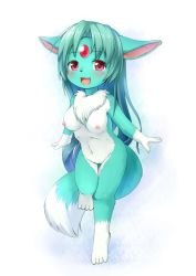  1girl animal_ears animal_hands aqua_hair barefoot blush breasts carbuncle feet female_focus furry furry_female kagerofu long_hair nipples nude pussy red_eyes solo toes  rating:Explicit score:86 user:Mast3r_Ch33f