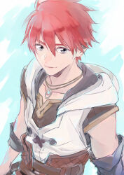  1boy absurdres adol_christin blue_background double-parted_bangs grey_eyes highres jewelry male_focus pearscoke pendant red_hair short_hair simple_background sleeveless smile solo upper_body ys ys_x:_nordics 
