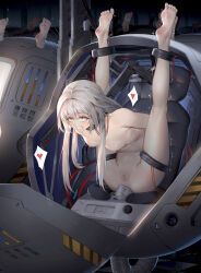  1girl absurdres anal anal_object_insertion arms_behind_back barefoot bdsm bondage bound breasts censored check_translation chinese_text cipozhong_yundepeitela clara_(honkai:_star_rail) clenched_teeth collar commentary_request completely_nude female_focus highres honkai:_star_rail honkai_(series) large_insertion legs_up long_hair mechanical_fixation medium_breasts mosaic_censoring nipple_stimulation nude object_insertion red_eyes restrained sex_machine soles solo_focus spread_legs stationary_restraints teeth translated translation_request trembling very_long_hair white_hair 