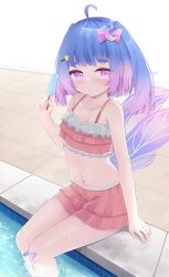  1girl 2024 absurdres ahoge band-aid blue_hair ciell980 flat_chest food highres indie_virtual_youtuber littlenii loli mirror pointy_ears pool popsicle purple_eyes purple_hair sitting solo twintails virtual_youtuber water 