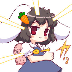  1girl :&lt; alternate_costume animal_ears backpack bag bebeneko black_hair blue_dress blush brown_hair carrot_hair_ornament closed_mouth commentary_request crime_prevention_buzzer crime_prevention_buzzer_threat dress floppy_ears food-themed_hair_ornament full_body hair_ornament imminent_explosion inaba_tewi looking_at_viewer multiple_girls pinafore_dress pink_bag pink_shoes puffy_short_sleeves puffy_sleeves rabbit_ears rabbit_girl randoseru red_eyes self-destruct_button shirt shoes short_hair short_sleeves sleeveless sleeveless_dress smile solo standing touhou white_background white_shirt 