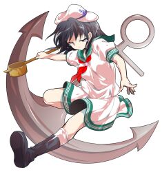  1girl alphes_(style) anchor black_boots black_hair boots commentary_request dairi full_body hair_between_eyes hat hishaku large_variant_set murasa_minamitsu neckerchief parody puffy_short_sleeves puffy_sleeves sailor sailor_collar sailor_hat short_hair short_sleeves skirt solo style_parody tachi-e touhou transparent_background variant_set white_hat white_skirt 