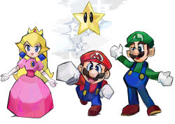  1girl 2boys absurdres blonde_hair blue_eyes blue_overalls brown_hair commentary crown dress earrings facial_hair gloves green_hat hat highres jewelry long_hair low_poly luigi mario mario_(series) mario_day mario_party mario_party_1 multiple_boys mustache nintendo open_mouth overalls pink_dress princess_peach rakugaki_shitagari-ya red_hat smile sparkle sphere_earrings super_star_(mario) white_gloves 