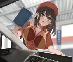  1girl :d against_glass baseball_cap blue_eyes blush breast_press breasts breasts_on_glass brown_hair car_interior car_wash_(place) collarbone collared_shirt hair_between_eyes hat highres holding_cloth huge_breasts indoors kureha_(ironika) leaning_to_the_side long_hair looking_at_viewer open_mouth orange_shirt original red_hat red_shirt shirt short_sleeves sidelocks smile solo straight_hair two-tone_shirt upper_body washing_vehicle windshield wiping 