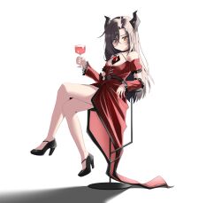  1girl absurdres alternate_costume arm_support bare_legs black_shoes brown_eyes brown_hair chair christina_brecht commentary corruption counter:side crossed_legs cube cup dark_persona detached_sleeves dress frilled_sleeves frills hair_ornament hairclip halter_dress halterneck high_heels highres holding holding_cup horns korean_commentary legs looking_at_viewer object_on_chest on_chair red_dress shadow shoes simple_background sitting solo strappy_heels wbs white_background x_hair_ornament 