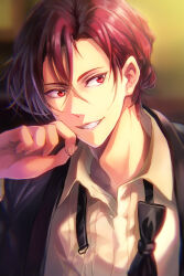  1boy formal_clothes free! hand_on_own_cheek hand_on_own_face male_focus matsuoka_rin medium_hair rayu red_eyes red_hair simple_background smile solo suit 