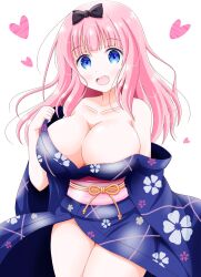  1girl :o bare_shoulders black_bow blue_eyes blush bow breasts cleavage fujiwara_chika heart highres imai_kazunari japanese_clothes kaguya-sama_wa_kokurasetai_~tensai-tachi_no_renai_zunousen~ kimono large_breasts long_hair pink_hair thighs yukata  rating:Questionable score:2 user:zombiespacial