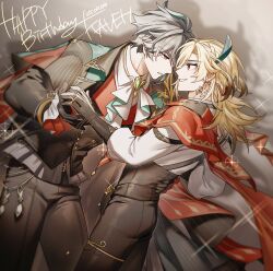  2boys absurdres ahoge alhaitham_(genshin_impact) alhaitham_(kfc)_(genshin_impact) ascot black_coat black_corset black_gloves black_pants black_vest blonde_hair braid brooch cape character_name coat commentary corset cowboy_shot dated earrings eye_contact feather_hair_ornament feathers frilled_sleeves frilled_vest frills gem genshin_impact gloves gold_earrings green_eyes green_gemstone green_hair grey_hair grin hair_between_eyes hair_ornament hairclip hand_on_another&#039;s_back happy_birthday highres holding_hands jewelry kaveh_(genshin_impact) kaveh_(kfc)_(genshin_impact) long_hair long_sleeves looking_at_another male_focus multicolored_hair multiple_boys official_alternate_costume open_clothes open_coat pants parted_bangs parted_lips partially_fingerless_gloves red_cape red_eyes shadow shirt short_hair single_braid smile sparkle vest waruinu white_ascot yaoi 