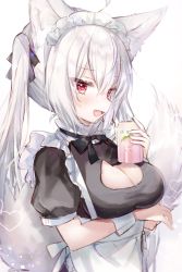  1girl :d ahoge animal_ear_fluff animal_ears apron arm_under_breasts black_bow black_dress blush bow breasts can cleavage cleavage_cutout clothing_cutout commentary_request dress fang fox_cutout fox_ears fox_girl fox_tail frilled_apron frills gradient_background grey_background hair_between_eyes heart heart-shaped_pupils highres holding holding_can long_hair maid maid_headdress medium_breasts open_mouth original puffy_short_sleeves puffy_sleeves red_eyes rucaco short_sleeves sidelocks silver_hair smile solo symbol-shaped_pupils tail twintails waist_apron white_apron white_background 