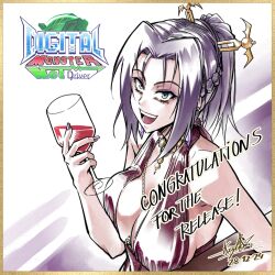  1girl alternate_costume bare_shoulders black_hair breasts brown_dress cleavage cup dated digimon digimon_(creature) dress earrings green_eyes high_ponytail holding holding_cup jewelry keyliom large_breasts lilithmon mole mole_on_breast mole_under_eye ponytail shikishi signature solo upper_body  rating:Sensitive score:2 user:danbooru