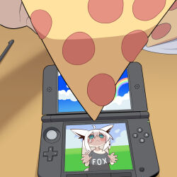 1girl :3 absurdres ahoge animal_ears aqua_eyes black_shirt blush clothes_writing cocomayo29_(tomato) commentary_request crying crying_with_eyes_open food fox_ears fox_girl handheld_game_console highres hololive korean_commentary long_hair looking_up nintendo nintendo_3ds photo-referenced pizza pizza_slice pokemon pokemon-amie shirakami_fubuki shirt solo stylus tears virtual_youtuber white_hair