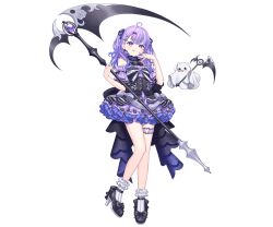  1girl ahoge black_dress black_shoes blush dress frilled_dress frills full_body ghost hair_ornament hairclip halterneck heart heart_o-ring highres holding holding_scythe jewelry lq_saku luminaria_pro maimiya_rinne monocle multicolored_hair o-ring official_art purple_brooch purple_eyes purple_hair ring scythe shoes simple_background socks solo standing streaked_hair thigh_strap tongue transparent_background two_side_up virtual_youtuber white_socks x_hair_ornament 