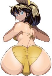  1girl absurdres ass ass_mousepad bikini blue_eyes blush bow brown_hair commission cropped_legs crotch_seam hair_between_eyes hair_bow highres long_hair looking_back m.u.g.e.n mousepad_(medium) oggy_(oggyoggy) original ponytail ryuko_(oggyoggy) shiny_skin skeb_commission solo string_bikini swimsuit transparent_background yellow_bikini yellow_bow 