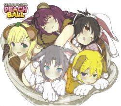  5girls absurdres animal_ear_fluff animal_ears animal_hands artist_request asuka_(senran_kagura) bear_ears bear_girl black_hair blonde_hair blue_eyes blush breasts brown_hair cat_ears cat_girl dog_ears dog_girl grey_hair highres large_breasts long_hair looking_at_viewer multiple_girls murasaki_(senran_kagura) official_art one_eye_closed rabbit_ears rabbit_girl raccoon_ears raccoon_girl ryouna_(senran_kagura) scan scar senran_kagura senran_kagura_peach_ball short_hair simple_background sleeping teeth tongue tongue_out upper_teeth_only white_background yomi_(senran_kagura) yumi_(senran_kagura) 