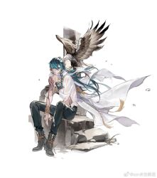  1boy adjusting_scarf aqua_hair arm_out_of_sleeve arm_tattoo bird black_hair black_pants boots bracelet braid brick_wall brown_eyes cape chain chinese_commentary closed_mouth curtained_hair eagle earrings expressionless forever_7th_capital full_body gradient_hair grey_boots hair_between_eyes headband highres jewelry knees_apart_feet_together lace-up_boots long_bangs long_hair long_sleeves male_focus multicolored_hair multiple_rings official_art pants ring ruins sanpaku scarf see-through_clothes see-through_shirt shirt side_braid simple_background single_bare_arm sitting solo ssr_dianji_jiu_song stairs stomach_tattoo tassel tattoo water_drop watermark weibo_watermark white_background white_cape white_scarf white_shirt wristband yellow_headband 