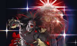 1boy armor azusa_(hws) black_hair cracked_skin dark-skinned_male dark_skin fading fate/grand_order fate_(series) heracles_(fate) heterochromia highres key_visual large_pectorals long_hair looking_at_viewer male_focus multicolored_hair muscular official_art open_mouth pectorals promotional_art red_eyes red_hair sakamoto_mineji second-party_source sharp_teeth solo streaked_hair teeth tongue topless_male two-tone_hair upper_body veins yellow_eyes 