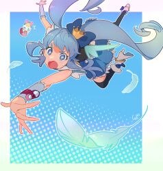  1girl ^^^ angel_wings black_thighhighs black_vest blue_arm_warmers blue_background blue_bow blue_eyes blue_hair blue_skirt blue_wings boots border bow bright_pupils crown crying crying_with_eyes_open cure_princess determined dot_nose eyelashes feathered_wings feathers floating_clothes floating_hair flying footwear_bow frilled_vest frills full_body gold_crown hair_bow halftone halftone_background happinesscharge_precure! high_heel_boots high_heels highres lace lace-trimmed_arm_warmers lace-trimmed_skirt lace_trim long_hair looking_at_viewer magical_girl mini_crown miniskirt o_o open_mouth outline outside_border outstretched_arm pleated_skirt precure ribbon_(happinesscharge_precure!) ringlets shipu_(gassyumaron) shirayuki_hime sidelocks signature skirt tareme teardrop tears thick_eyebrows thighhighs twintails very_long_hair vest watch wavy_hair white_boots white_border white_outline white_pupils wings wristwatch 
