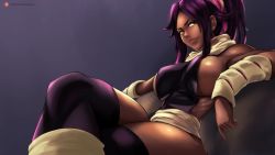  1girl arm_warmers bad_deviantart_id bad_id black_thighhighs bleach breasts commentary crossed_legs dark-skinned_female dark_skin english_commentary forehead grey_background hair_ribbon large_breasts leg_warmers morgan_hallow narrow_waist ninja no_bra no_panties nose over-kneehighs parted_bangs patreon_username ponytail purple_hair reclining ribbon sash scarf shihouin_yoruichi sideboob sitting smirk solo thighhighs yellow_eyes  rating:Sensitive score:30 user:danbooru