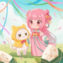  1girl :3 animal aqua_bow blue_sky blunt_bangs bow bow-shaped_hair bowtie brown_eyes cat chibi chinese_clothes chinese_new_year cloak closed_mouth clothed_animal cloud dot_nose double_bun ear_covers eyelashes falling_petals flower food_request gradient_eyes hair_bun hair_flower hair_ornament hair_rings hanfu hood hood_up hooded_cloak light_blush long_hair long_sleeves momo_(nikki) multicolored_eyes nikki_(nikki) nikki_(series) petals pink_eyes pink_hair pink_hanfu pink_shawl red_bow red_bowtie red_flower shadow shawl sky sleeves_past_wrists smile standing streamers tareme traditional_bowtie very_long_hair waist_bow whiskers white_cat white_sleeves wide_sleeves xialengzi yellow_cloak yellow_flower 