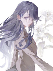  1girl absurdres arm_at_side black_hair blazer brown_jacket buttons closed_mouth collar commentary flipped_bangs floating_hair floral_background flower from_side glasses hair_ornament hairclip heartcatch_precure! highres jacket lily_(flower) long_hair looking_to_the_side myoudou_gakuen_high_school_uniform neck_ribbon outstretched_arm precure purple_eyes red_ribbon ribbon rimless_eyewear school_uniform sedith_cd sidelighting sideways_glance smile solo tsukikage_yuri upper_body very_long_hair white_background white_collar 
