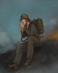  1girl artist_name blush boots brown_hair camouflage camouflage_headwear cloud cloudy_sky collarbone combat_helmet deltamagna fire flamethrower gaiters green_jacket green_pants hair_bun helmet highres holding holding_smoking_pipe holding_weapon iwo_jima jacket long_sleeves looking_at_viewer m1_helmet m2_flamethrower messy_hair military military_combat_uniform military_uniform on_ground original pants pipe_in_mouth signature single_hair_bun sky smoke smoking smoking_pipe united_states_marine_corps war weapon world_war_ii 