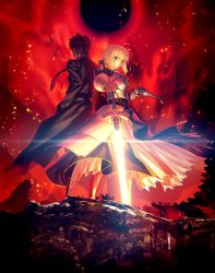  1boy 1girl absurdres ahoge armor armored_dress artoria_pendragon_(fate) back-to-back black_hair blonde_hair blue_dress blue_ribbon dress eclipse emiya_kiritsugu excalibur_(fate/stay_night) fate/zero fate_(series) from_below green_eyes gun hair_ribbon hand_in_pocket highres holding holding_gun holding_sword holding_weapon necktie outdoors red_necktie ribbon saber_(fate) short_hair sword takeuchi_takashi weapon  rating:Sensitive score:14 user:danbooru