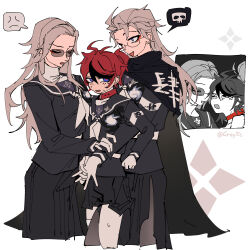  3girls absurdres ahoge anger_vein aotsuki_eito armband black_cape black_serafuku black_streaks blue_eyes blush brown_hair cape chinese_commentary clone_harem closed_eyes collar dual_persona eyeliner facing_another genderswap genderswap_(mtf) girl_sandwich glasses gloves hand_on_another&#039;s_arm highres last_defense_academy_school_uniform long_hair looking_at_another makeup multicolored_hair multiple_girls neckerchief nervous_sweating nose_blush own_hands_together pantyhose red_collar red_eyeliner red_hair sailor_collar sandwiched school_uniform serafuku short_hair si_ming skirt smile spoilers spoken_anger_vein spoken_skull streaked_hair sumino_takumi sunglasses sweat the_hundred_line_-last_defense_academy- twitter_username white_armband white_background white_gloves yuri 